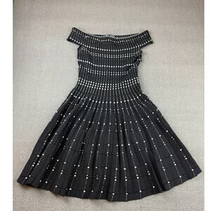 Alexander McQueen Women Black Embroidered Knit Boat Neck Flared Dress Size M